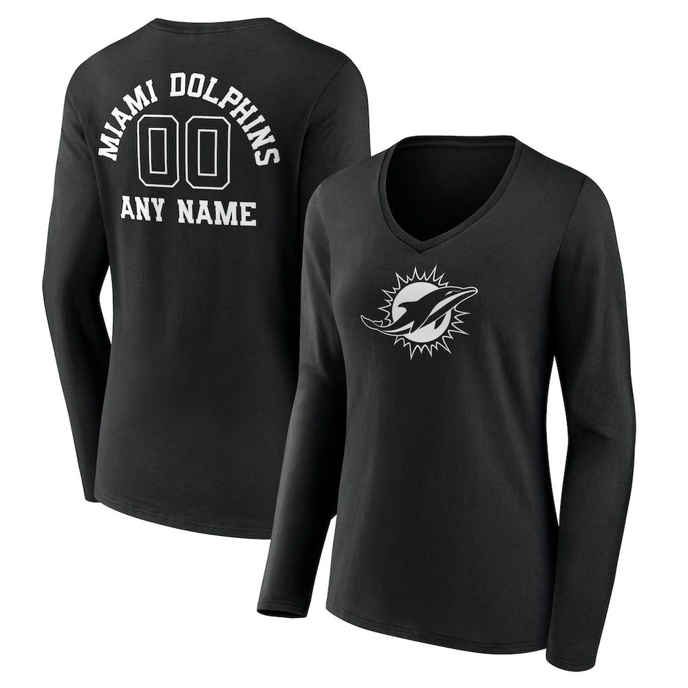 Miami Dolphins Women's Personalized Name & Number Monochrome Long Sleeve V-Neck T-Shirt Black | NFL