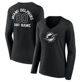 Miami Dolphins Women's Personalized Name & Number Monochrome Long Sleeve V-Neck T-Shirt Black | NFL