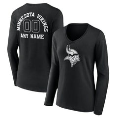 Minnesota Vikings Women's Personalized Name & Number Monochrome Long Sleeve V-Neck T-Shirt Black | NFL