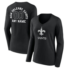 New Orleans Saints Women's Personalized Name & Number Monochrome Long Sleeve V-Neck T-Shirt Black | NFL