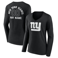New York Giants Women's Personalized Name & Number Monochrome Long Sleeve V-Neck T-Shirt Black | NFL