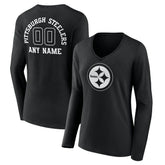 Pittsburgh Steelers Women's Personalized Name & Number Monochrome Long Sleeve V-Neck T-Shirt Black | NFL