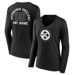 Pittsburgh Steelers Women's Personalized Name & Number Monochrome Long Sleeve V-Neck T-Shirt Black | NFL