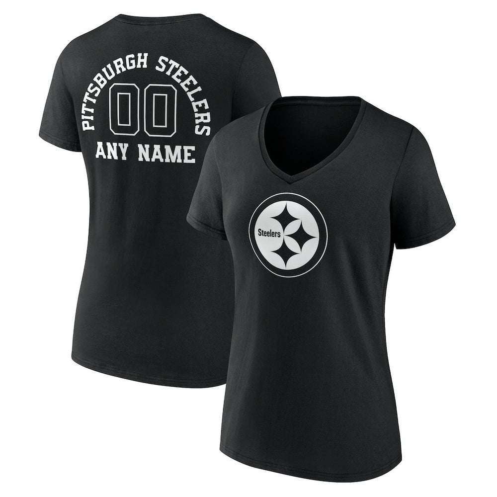 Pittsburgh Steelers Women's Personalized Name & Number Monochrome V-Neck T-Shirt Black | NFL