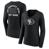 San Francisco 49ers Women's Personalized Name & Number Monochrome Long Sleeve V-Neck T-Shirt Black | NFL