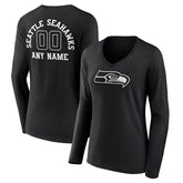 Seattle Seahawks Women's Personalized Name & Number Monochrome Long Sleeve V-Neck T-Shirt Black | NFL