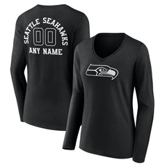 Seattle Seahawks Women's Personalized Name & Number Monochrome Long Sleeve V-Neck T-Shirt Black | NFL
