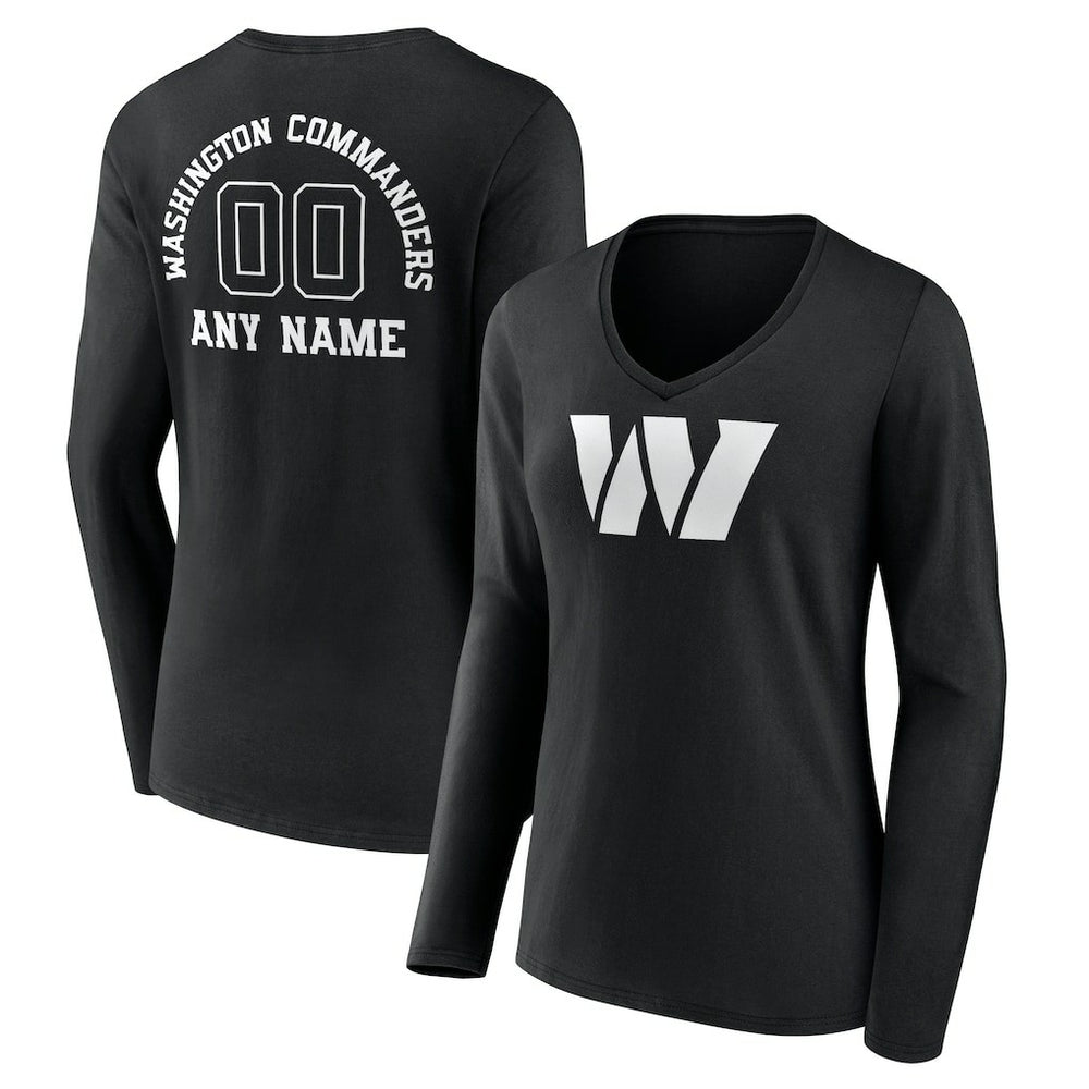 Washington Commanders Women's Personalized Name & Number Monochrome Long Sleeve V-Neck T-Shirt Black | NFL