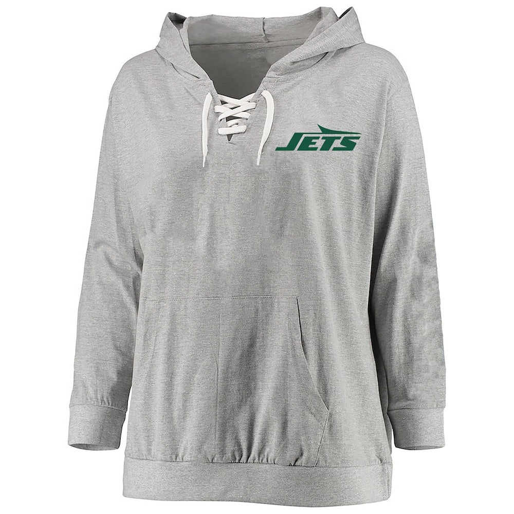 New York Jets Women's Plus Size Lace-up Pullover Hoodie Heather Gray | Fanatics