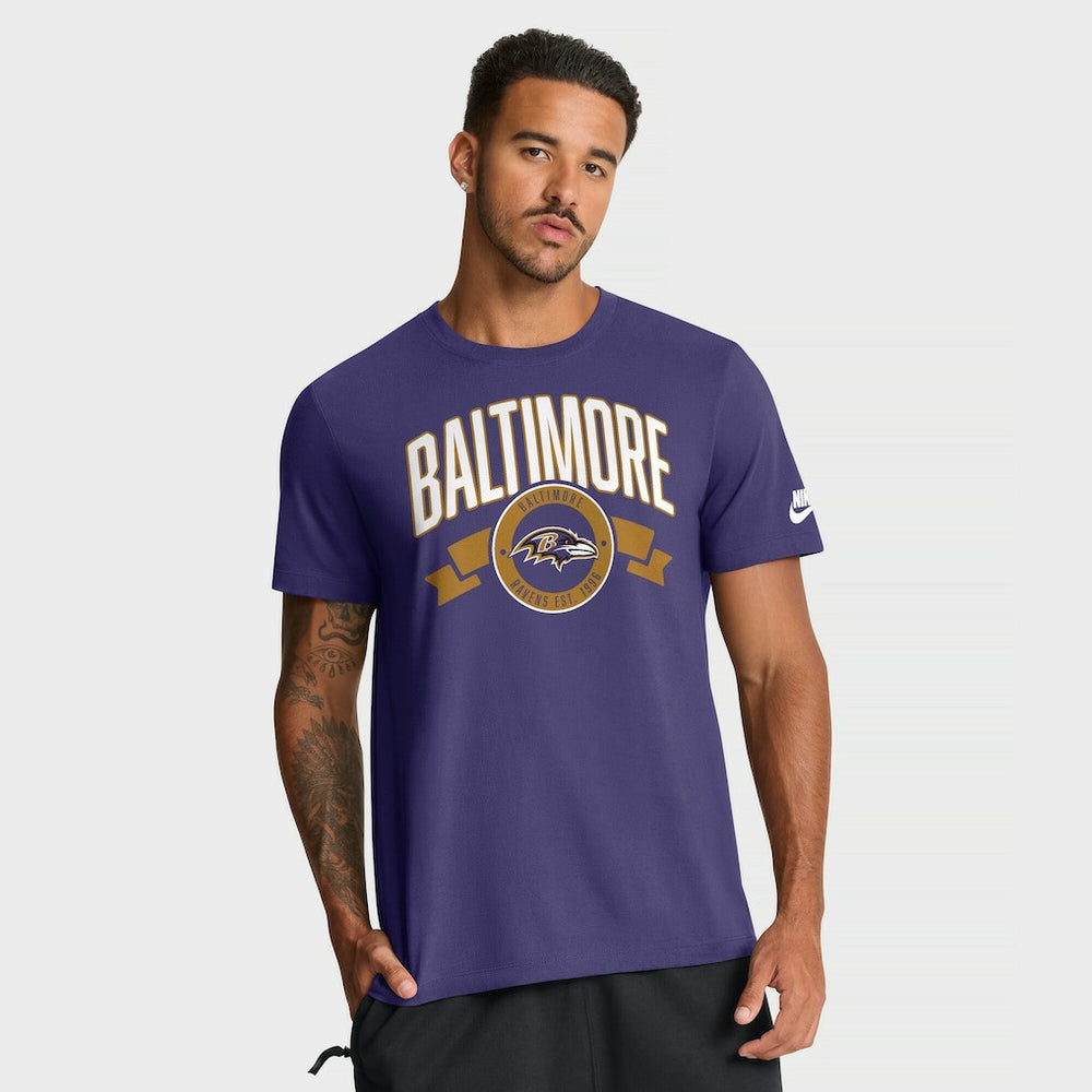 Baltimore Ravens Rewind Front and Back Hit Essential T-Shirt Purple | Nike for Sale