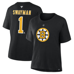 Jeremy Swayman Boston Bruins Fanatics Women's Authentic Stack Name & Number T-Shirt - Black - NHL