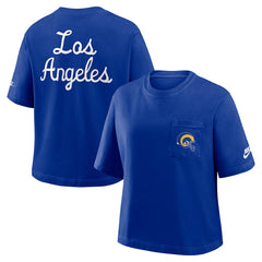 Los Angeles Rams Women's Rewind Pocket Boxy T-Shirt Royal | Nike for Sale