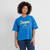 Los Angeles Chargers Women's Essential Script Relaxed Boxy T-Shirt Powder Blue | Nike for Sale