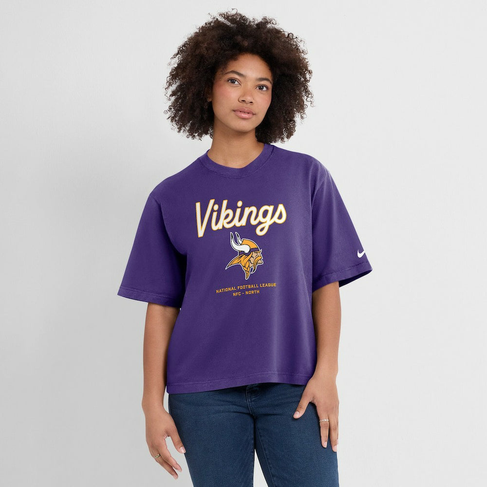 Minnesota Vikings Women's Essential Script Relaxed Boxy T-Shirt Purple | Nike for Sale