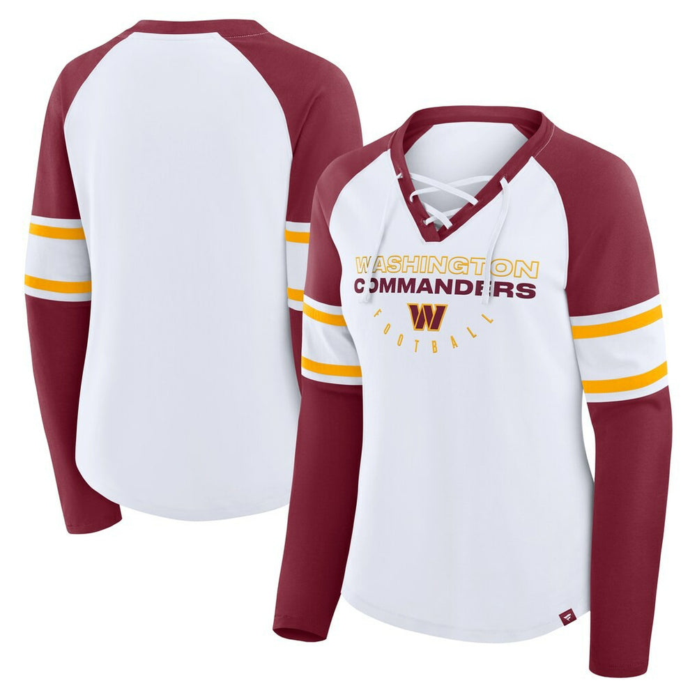 Washington Commanders Women's Redzone Blitz Package Raglan Lace-Up V-Neck Long Sleeve T-Shirt White/Burgundy | Fanatics