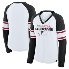 Atlanta Falcons Women's Redzone Blitz Package Raglan Lace-Up V-Neck Long Sleeve T-Shirt White/Black | Fanatics