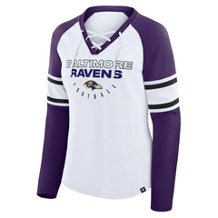 Baltimore Ravens Women's Redzone Blitz Package Raglan Lace-Up V-Neck Long Sleeve T-Shirt White/Purple | Fanatics