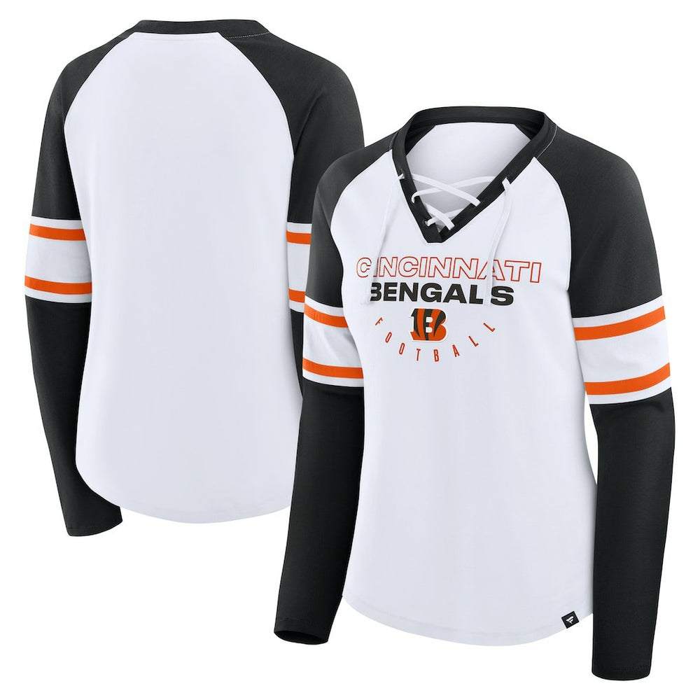 Cincinnati Bengals Women's Redzone Blitz Package Raglan Lace-Up V-Neck Long Sleeve T-Shirt White/Black | Fanatics