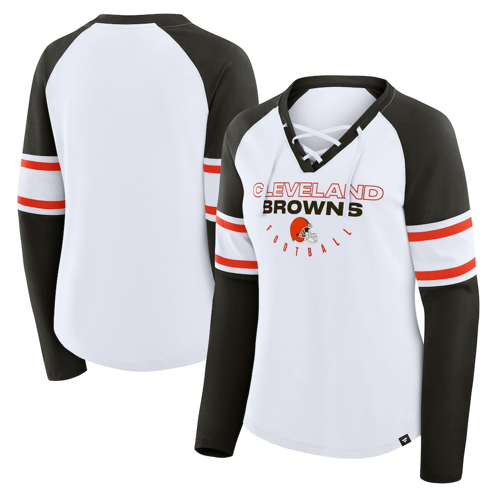 Cleveland Browns Women's Redzone Blitz Package Raglan Lace-Up V-Neck Long Sleeve T-Shirt White/Brown | Fanatics
