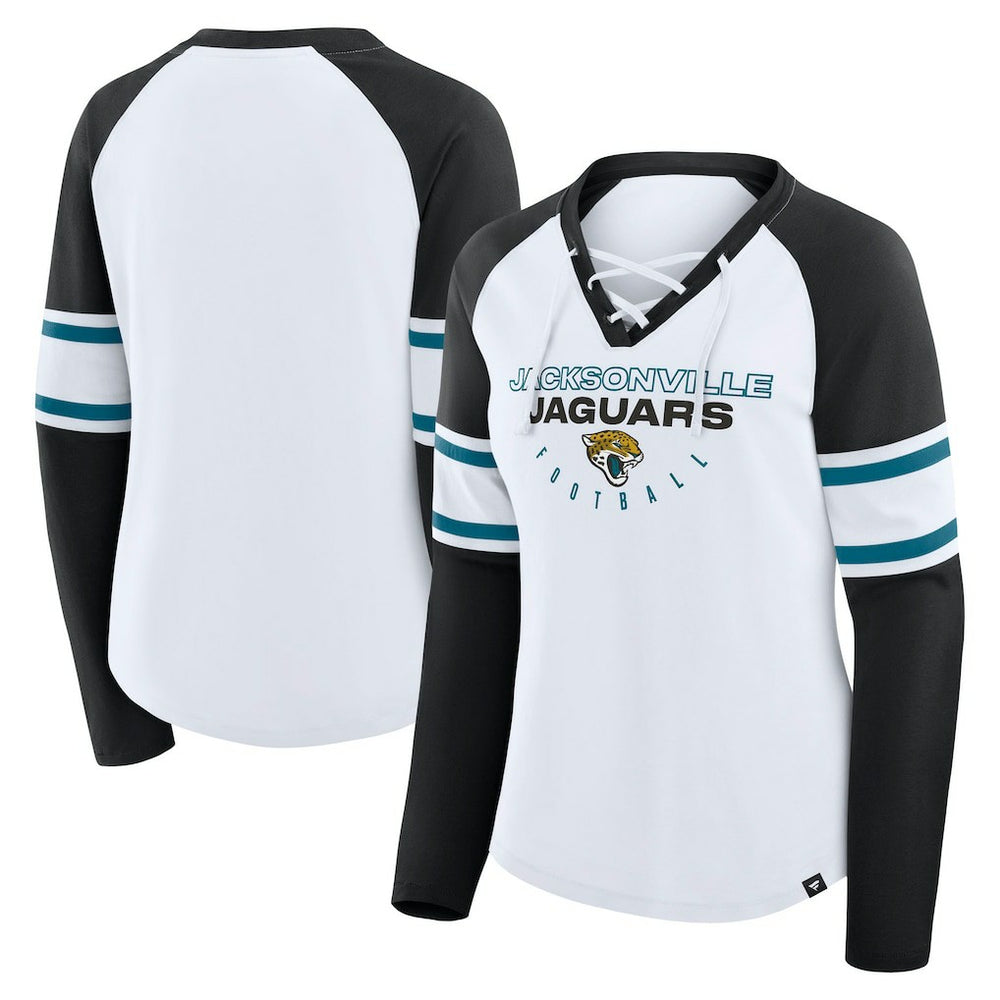 Jacksonville Jaguars Women's Redzone Blitz Package Raglan Lace-Up V-Neck Long Sleeve T-Shirt White/Black | Fanatics