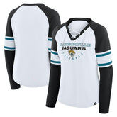 Jacksonville Jaguars Women's Redzone Blitz Package Raglan Lace-Up V-Neck Long Sleeve T-Shirt White/Black | Fanatics