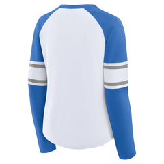 Detroit Lions Women's Redzone Blitz Package Raglan Lace-Up V-Neck Long Sleeve T-Shirt White/Blue | Fanatics