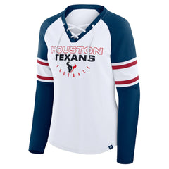 Houston Texans Women's Redzone Blitz Package Raglan Lace-Up V-Neck Long Sleeve T-Shirt White/Navy | Fanatics