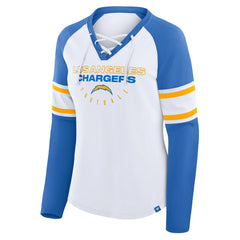 Los Angeles Chargers Women's Redzone Blitz Package Raglan Lace-Up V-Neck Long Sleeve T-Shirt White/Powder Blue | Fanatics