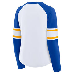 Los Angeles Rams Women's Redzone Blitz Package Raglan Lace-Up V-Neck Long Sleeve T-Shirt White/Royal | Fanatics