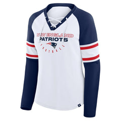 New England Patriots Women's Redzone Blitz Package Raglan Lace-Up V-Neck Long Sleeve T-Shirt White/Navy | Fanatics