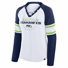 Seattle Seahawks Women's Redzone Blitz Package Raglan Lace-Up V-Neck Long Sleeve T-Shirt White/College Navy | Fanatics