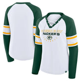Green Bay Packers Women's Redzone Blitz Package Raglan Lace-Up V-Neck Long Sleeve T-Shirt White/Green | Fanatics