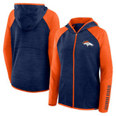 Denver Broncos Women's Redzone End Around Pass Raglan Full-Zip Hoodie Navy/Orange | Fanatics