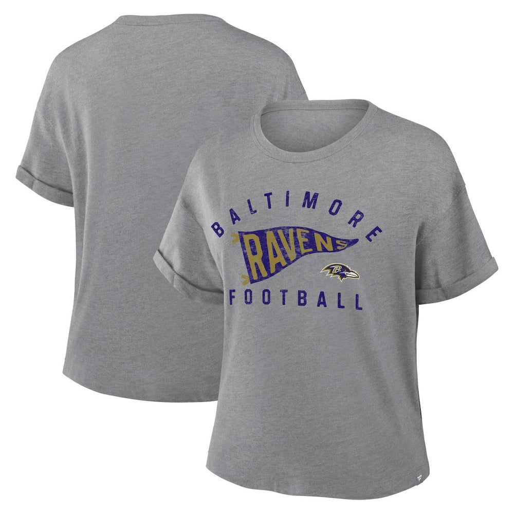 Baltimore Ravens Women's Pennant Wave Tribute Tri-Blend Boxy T-Shirt Heather Gray | Fanatics