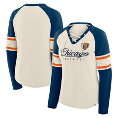 Chicago Bears Women's Hometown Gridiron Hero Raglan Lace-Up V-Neck Long Sleeve T-Shirt Cream/Navy | Fanatics