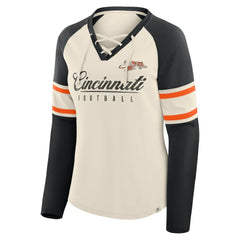Cincinnati Bengals Women's Hometown Gridiron Hero Raglan Lace-Up V-Neck Long Sleeve T-Shirt Cream/Black | Fanatics
