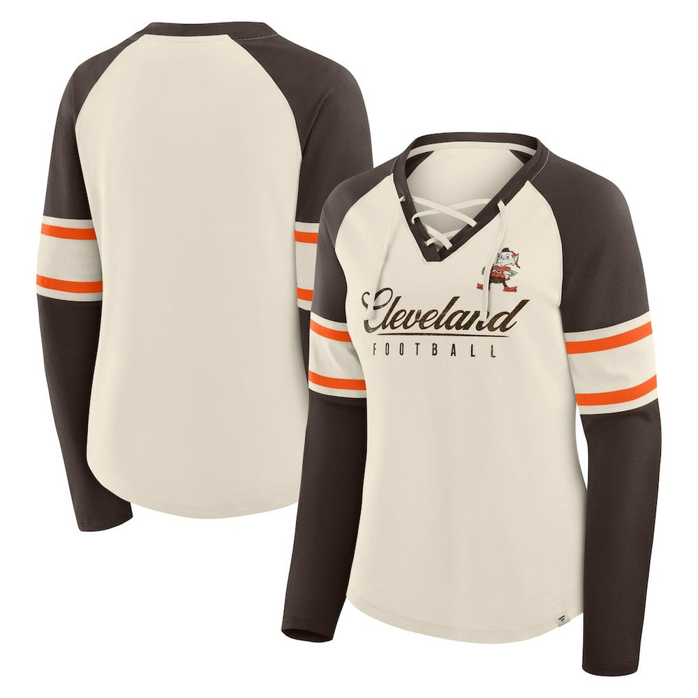 Cleveland Browns Women's Hometown Gridiron Hero Raglan Lace-Up V-Neck Long Sleeve T-Shirt Cream/Brown | Fanatics