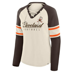 Cleveland Browns Women's Hometown Gridiron Hero Raglan Lace-Up V-Neck Long Sleeve T-Shirt Cream/Brown | Fanatics