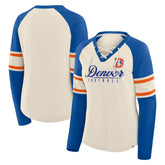 Denver Broncos Women's Hometown Gridiron Hero Raglan Lace-Up V-Neck Long Sleeve T-Shirt Cream/Royal | Fanatics