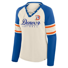 Denver Broncos Women's Hometown Gridiron Hero Raglan Lace-Up V-Neck Long Sleeve T-Shirt Cream/Royal | Fanatics