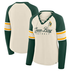 Green Bay Packers Women's Hometown Gridiron Hero Raglan Lace-Up V-Neck Long Sleeve T-Shirt Cream/Green | Fanatics