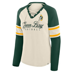 Green Bay Packers Women's Hometown Gridiron Hero Raglan Lace-Up V-Neck Long Sleeve T-Shirt Cream/Green | Fanatics