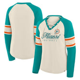 Miami Dolphins Women's Hometown Gridiron Hero Raglan Lace-Up V-Neck Long Sleeve T-Shirt Cream/Aqua | Fanatics
