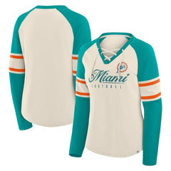 Miami Dolphins Women's Hometown Gridiron Hero Raglan Lace-Up V-Neck Long Sleeve T-Shirt Cream/Aqua | Fanatics