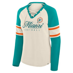 Miami Dolphins Women's Hometown Gridiron Hero Raglan Lace-Up V-Neck Long Sleeve T-Shirt Cream/Aqua | Fanatics