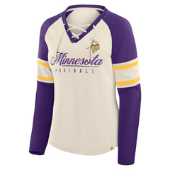 Minnesota Vikings Women's Hometown Gridiron Hero Raglan Lace-Up V-Neck Long Sleeve T-Shirt Cream/Purple | Fanatics