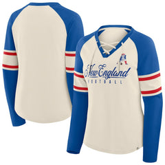 New England Patriots Women's Hometown Gridiron Hero Raglan Lace-Up V-Neck Long Sleeve T-Shirt Cream/Royal | Fanatics