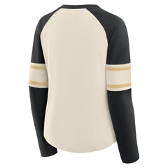 New Orleans Saints Women's Hometown Gridiron Hero Raglan Lace-Up V-Neck Long Sleeve T-Shirt Cream/Black | Fanatics