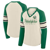 Philadelphia Eagles Women's Hometown Gridiron Hero Raglan Lace-Up V-Neck Long Sleeve T-Shirt Cream/Kelly Green | Fanatics