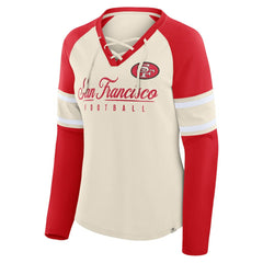 San Francisco 49ers Women's Hometown Gridiron Hero Raglan Lace-Up V-Neck Long Sleeve T-Shirt Cream/Scarlet | Fanatics